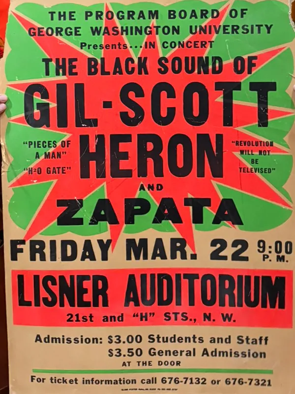 Poster for Gil Scott-Heron and Zapata performance at Lisner Auditorium 1974