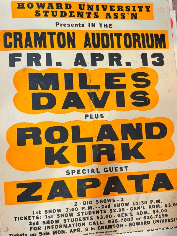 Poster for Miles Davis, Roland Kirk, and Zapata performance at Cramton Auditorium 1973