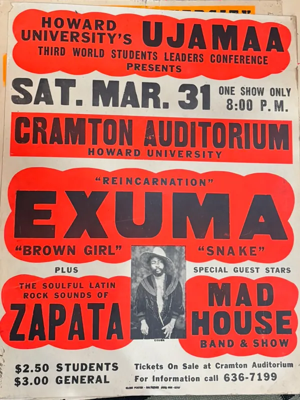 Poster for Exuma, Zapata, and Mad House performance at Cramton Auditorium 1973
